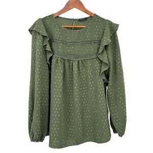 FASHION‎ Women's M Forest Green Swiss Dot Ruffle Trim Long Sleeve Peasant Blouse